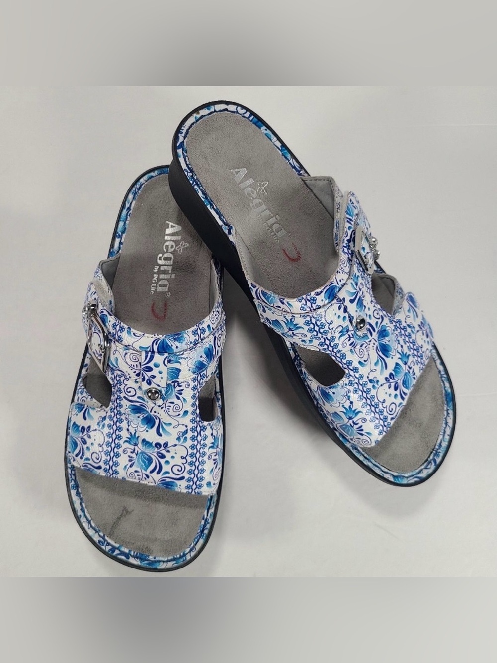 Alegria Peggy Good China Blue White Floral Leather Comfort Sandals Women Size 8